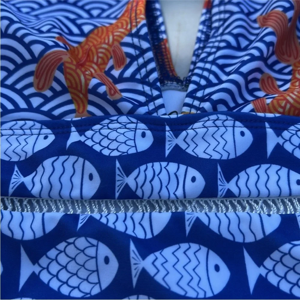 Averie Nirali Plunge One Piece Fish Print Blue Orange - Picture 4 of 6